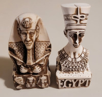 Vintage Carved Egyptian Marble King Tut & Queen Nefertiti  Busts