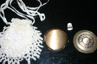 Old China Thimble, 2 Powder Compacts and Crochet Purse