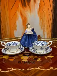 Vintage Bone China Wide Mouth tea 2 blue cups & saucers- Coalpor