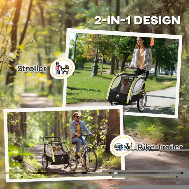 2-in-1 Bike Trailer for Kids 2 Seater, Baby Stroller with Brake, in Strollers, Carriers & Car Seats in Markham / York Region - Image 6