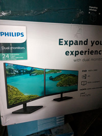 Dual Phillips FHD 24in IPS computer monitors with cables