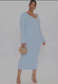Baby Blue Long Sleeve Knit Midi Dress 