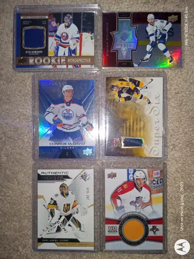 Steve Stamkos 07/99, Ilya Sorokin Jersey rookie card, Connor McDavid 2nd yr. 237/849, Joe Thornton J...