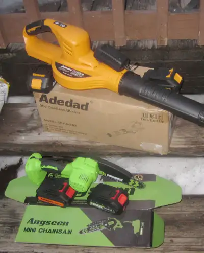 Brand new, cordless 2-speed leaf blower and mini 6" bar chainsaw combo. The chainsaw did a few test...