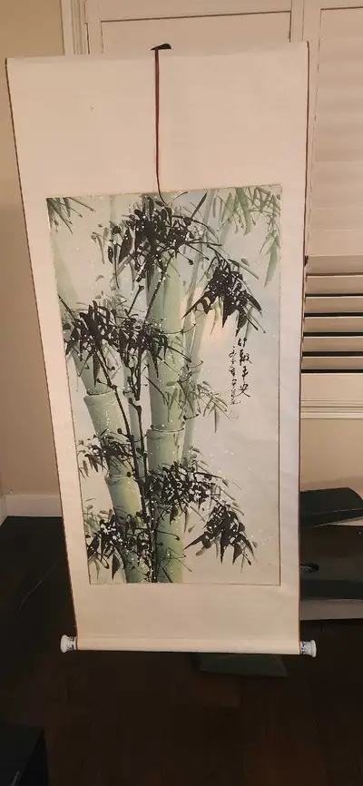 Chinese Bamboo Painting Peace and Quiet on Silk Scroll Wall Hang, View more