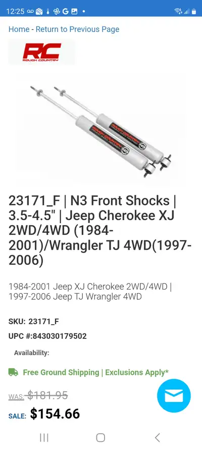 Rough Country Premium N3 Shocks Parts # RC23171 - NEW IN BOX - fits 1997-2006 Jeep TJ with 3.5-4.5"...