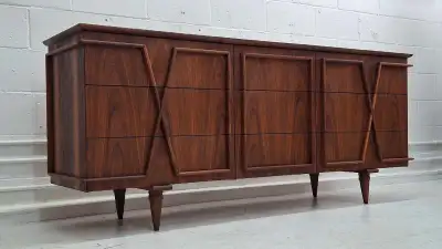 Refinished mid-century walnut dresser, sideboard, credenza, View more