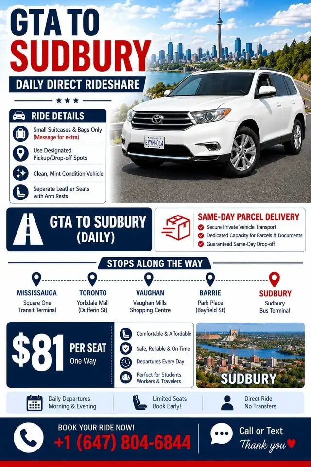 sudbury to tornto available ride
