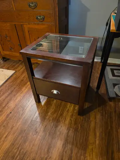 Free end table- dark wood with glass top, View more