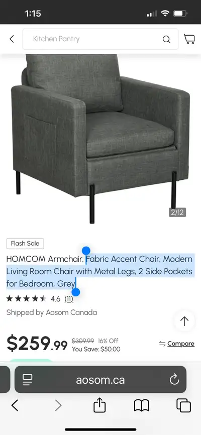 Fabric Accent Chair, Modern Living Room Chair with Metal Legs, View more