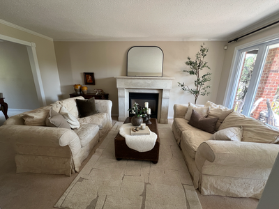 Pair of Southern Furniture Co. Cream Damask Love Seats, View more