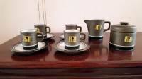 4 Stoneware Coffee Mugs / Cups with Sugar Bowl and Creamer Set