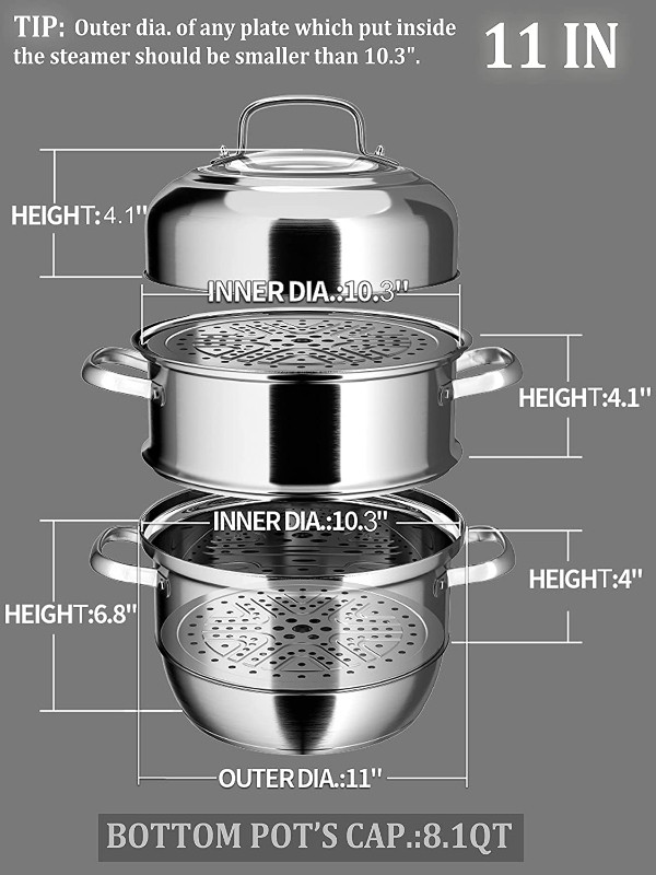 3 Tier Stainless Steel Steamer Pot 11 Inch in Other in City of Toronto - Image 2