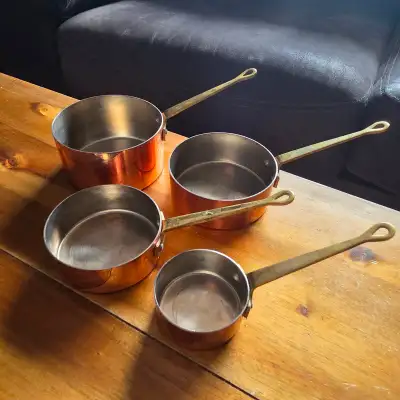 Set of 4 tin-lined copper measuring cups w/brass handles, View more