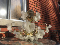 Lampe Chandelier Vintage laiton fleurs en vitre style murano