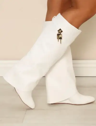 White Folded Over Style Gold Lock Women’s Boots Never worn, but has minor damage/marks not noticeabl...