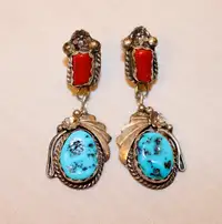 Mid Century Navajo Turquoise & Coral Sterling Silver Earring Set