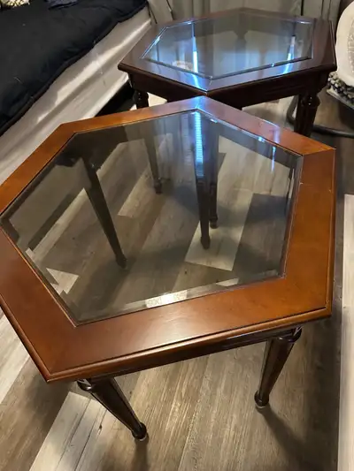A Set of Wooden Side Table with Glass Top – Good Condition, View more