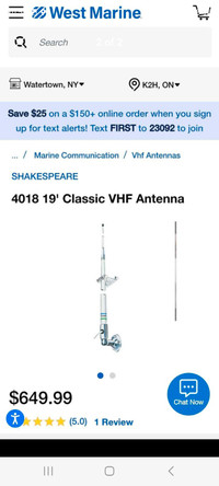 19' shakespeare boat VHF antenna