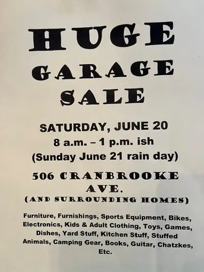 GARAGE SALE - 506 CRANBROOKE  - AVE & LAWR - SATURDAY JUNE 20, View more