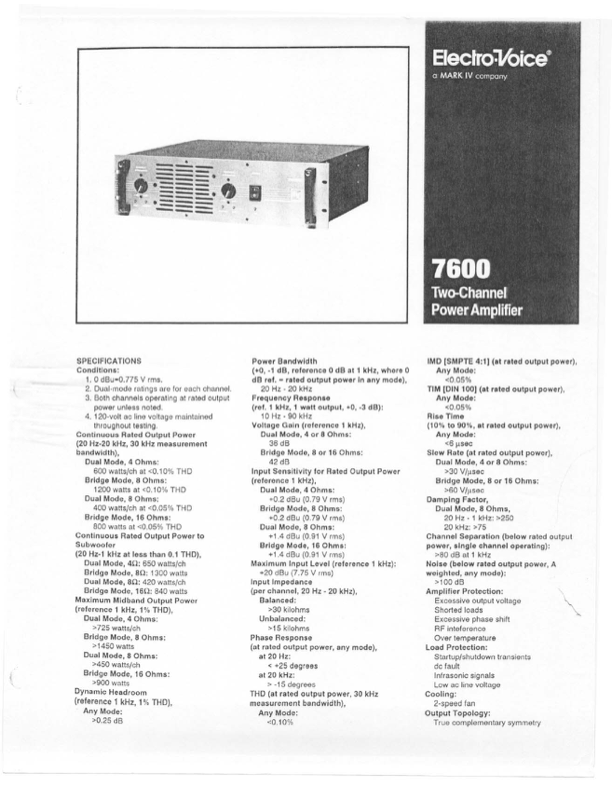 Electro -Voice  / EV-7600 Power Stereo Amplifier in Performance & DJ Equipment in Kitchener / Waterloo - Image 4