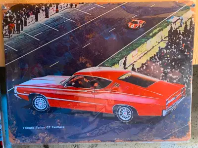 Retro Vintage Look Reproduction 1968 Ford Fairlane Torino GT Fastback Metal Patina Painted Art Sign....
