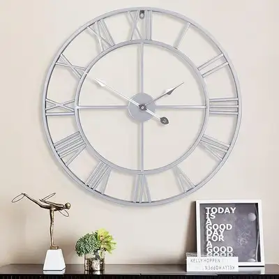 Large Wall Clock, Metal Retro Roman Numeral, (Silver, 32 Inch), View more