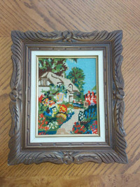 Small vintage 8" by 10" landscape Needlepoint in a carved wooden