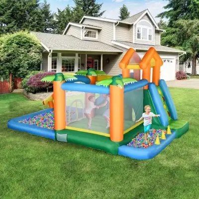 Large Bounce House w/ Inflatable Water Slide, Summer Theme Jumping Castle w/ Trampoline, Water Pool,...