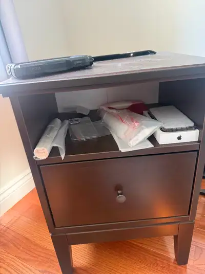 Dark Brown Wooden Nightstand / End Table with Drawer & Shelf, View more