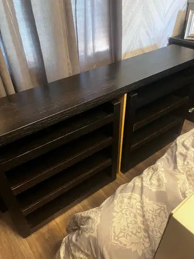 Ikea malm queen headboard with Pair of rolling bedside storage units. Features multiple shelves. Lon...