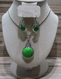 Set of 3 earrings & pendant, green turquoise, S/S oxidized