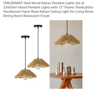 New Boho Rattan Pendant Lights Set of 2, View more