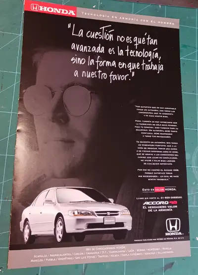 RARE ORIG 1998 HONDA ACCORD PRINT AD IN SPANISH RETRO AUTO, View more