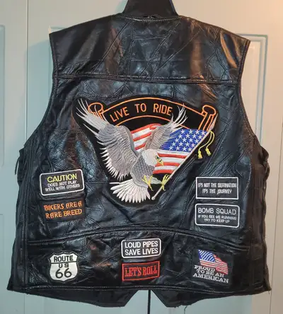 Bike leather patched Buffalo leather vest. Adult 2XL ver soft light. One button has been changed to...