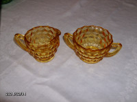 Amber Cube pattern small cream and sugar depression glass