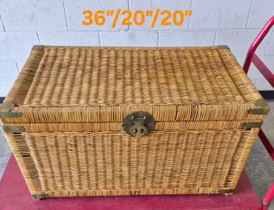 Large Wicker Rattan Storage Trunk Blanket Chest w Brass Hardware, View more
