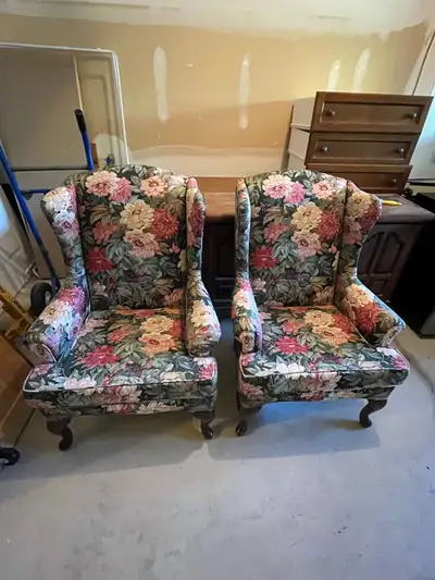 Pair of Vintage Floral Wingback Chairs, View more