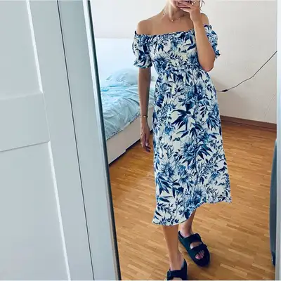 H&M Blue and White Floral Off-the-Shoulder Dress, View more