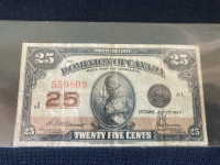 Antique 1923 Dominion of Canada 25 cent paper Bill Money