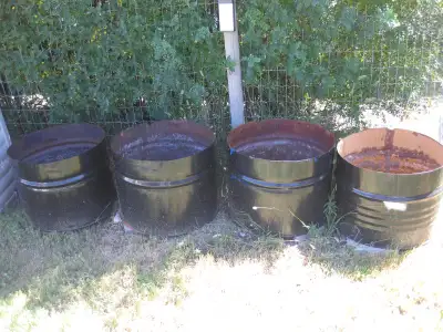 Have only TWO empty barrels available. Can use pool noodles to fill up bottom, with soil on top. Ask...