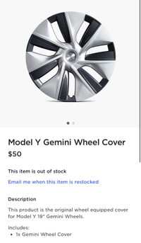 NEW 2020-2024  Tesla Model Y  Gemini Wheel Cover Hubcap 19"