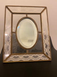Antique hand crafted glass& brass vanity mirror.10”x8”.