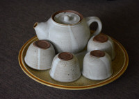 Signed vintage stoneware teapot set with heavy stoneware plate
