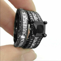 Double Row Women Black Gold Black Sapphire Ring Set size