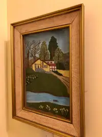 Vintage handmade embroidery -thread painting landscape framed
