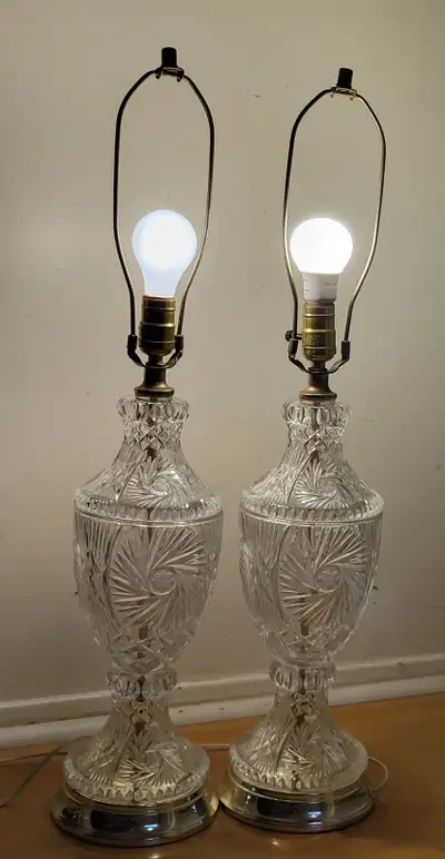 Antique Pinwheel Crystal Glass Hollywood Regency Table Lamps, View more