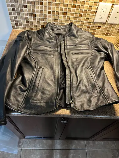 Prices listed per item: Leather jacket size L $150 All season jacket with built in armour size L $15...