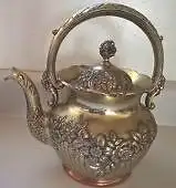 Vintage Meriden Quardruple silverplated floral teapot / kettle with copper bottom and hinged lid # 1...