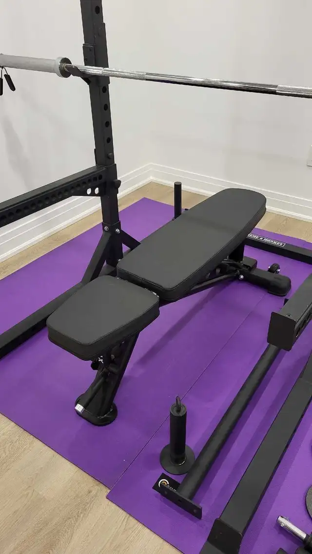Squat rack with bar, bench, weights and pulldown attachment580123633795082241